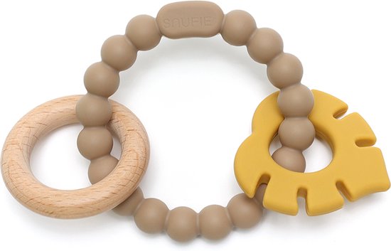 Snufie | Zacht & Stevig | LEAF Rammelaar van Hout & Siliconen Bijtring | Ideaal voor Doorkomende Tandjes én als Speelgoed | Khaki & Oker van Merkloos
