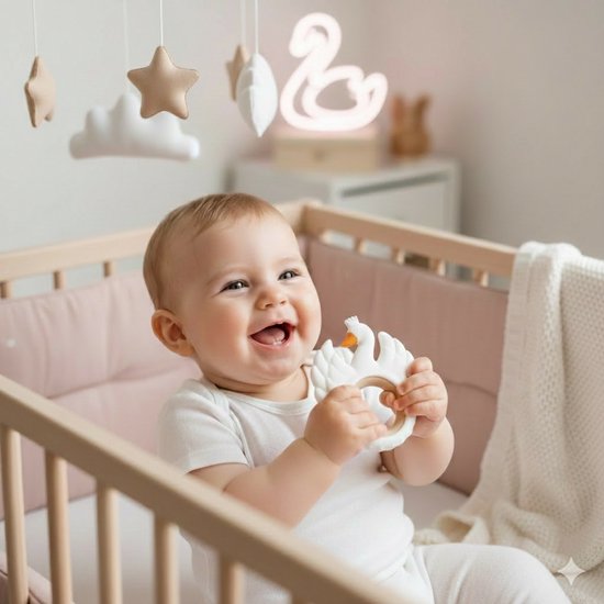Soft & Hard | SWAN Houten & Siliconen Bijtring | WHITE – Snufie | Zachte verlichting bij doorkomende tandjes van Merkloos