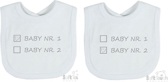 Soft Touch 2-pack Slabber Slabbetje Slab "Baby nr. 1 & Baby nr. 2" Unisex Tweeling Katoen Wit/grijs Maat 33x22 Cm van Soft Touch