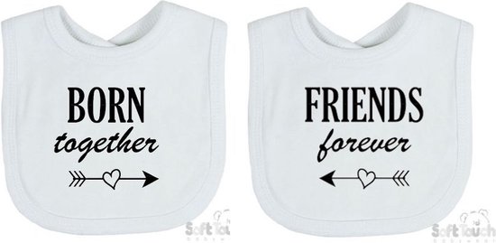 Soft Touch 2-pack Slabber Slabbetje Slab "Born together Friends forever" Unisex Tweeling Katoen Wit/zwart Maat 33x22 Cm van Soft Touch