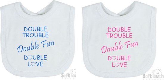 Soft Touch 2-pack Slabber Slabbetje Slab "Double trouble Double fun Double love" Unisex Tweeling Katoen Wit/blauw & wit/roze Maat 33x22 Cm van Soft Touch