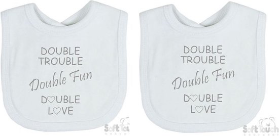 Soft Touch 2-pack Slabber Slabbetje Slab "Double trouble Double fun Double love" Unisex Tweeling Katoen Wit/grijs Maat 33x22 Cm van Soft Touch