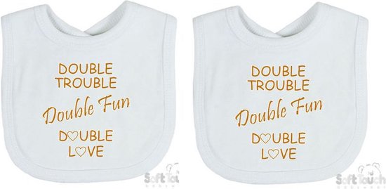 Soft Touch 2-pack Slabber Slabbetje Slab "Double trouble Double fun Double love" Unisex Tweeling Katoen Wit/tan Maat 33x22 Cm van Soft Touch