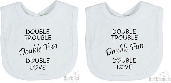 Soft Touch 2-pack Slabber Slabbetje Slab "Double trouble Double fun Double love" Unisex Tweeling Katoen Wit/zwart Maat 33x22 Cm van Soft Touch