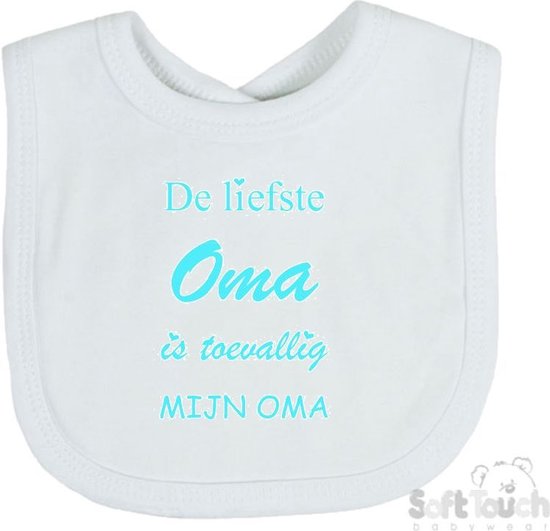 Soft Touch Slabber "De liefste oma is toevallig mijn oma" Unisex Katoen Wit/aquablauw Maat 33x22 Cm van Soft Touch