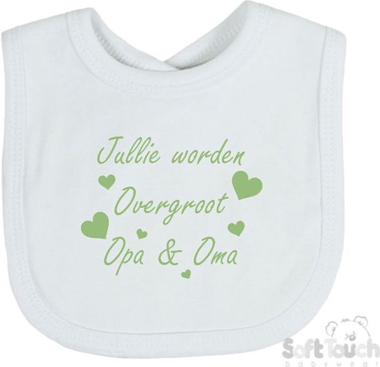 Soft Touch Slabber "Jullie worden overgroot opa & oma" Unisex Katoen Wit/sage green (saliegroen) Maat 33x22 Cm Zwangerschap aankondigen - Bekendmaking zwangerschap - Zwangerschapsaankondiging van Soft Touch