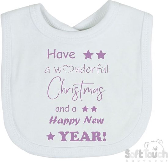 Soft Touch Slabber Slabbetje Slab "Have a wonderful Christmas and a happy New year!" Kerst Kerstmis Nieuwjaar Unisex Katoen Wit/lila Maat 33x22 Cm van Soft Touch