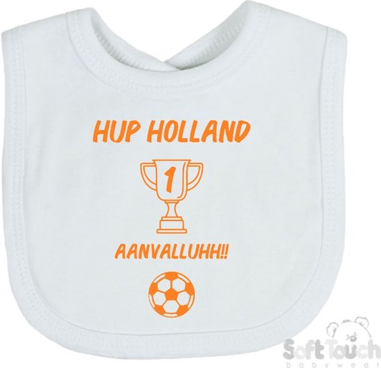 Soft Touch Slabber Slabbetje Slab "Hup Holland AANVALLUHH!!" EK Voetbal Europees Kampioen Kampioenschap Oranje Unisex Katoen Wit/oranje Maat 33x22 Cm van Soft Touch