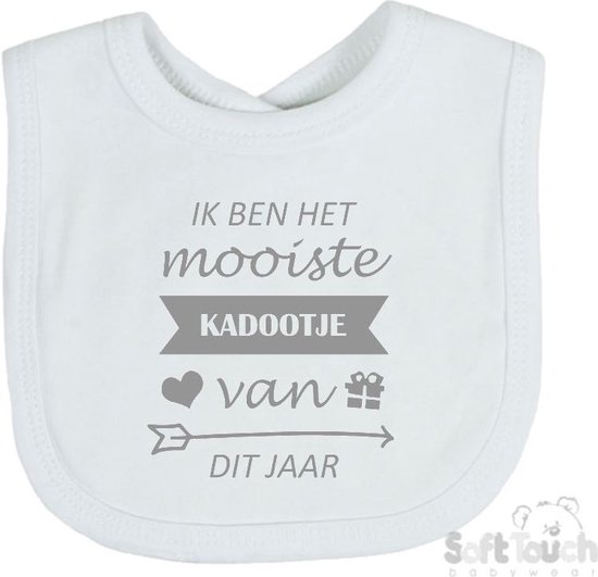 Soft Touch Slabber Slabbetje Slab "Ik ben het mooiste kadootje van dit jaar" Unisex Katoen Wit/grijs Maat 33x22 Cm van Soft Touch