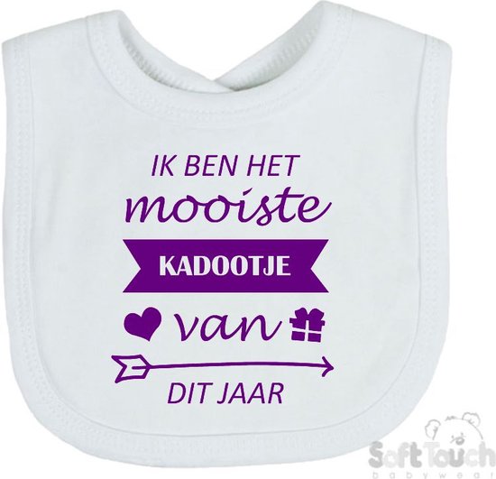 Soft Touch Slabber Slabbetje Slab "Ik ben het mooiste kadootje van dit jaar" Unisex Katoen Wit/paars Maat 33x22 Cm van Soft Touch