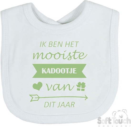 Soft Touch Slabber Slabbetje Slab "Ik ben het mooiste kadootje van dit jaar" Unisex Katoen Wit/sage green (saliegroen) Maat 33x22 Cm van Soft Touch