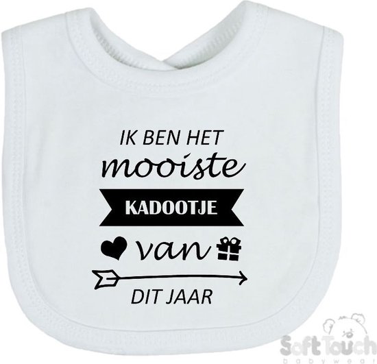 Soft Touch Slabber Slabbetje Slab "Ik ben het mooiste kadootje van dit jaar" Unisex Katoen Wit/zwart Maat 33x22 Cm van Soft Touch