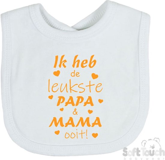 Soft Touch Slabber Slabbetje Slab " Ik heb de leukste papa & mama ooit!" Unisex Katoen Wit/mosterd Maat 33x22 Cm van Soft Touch