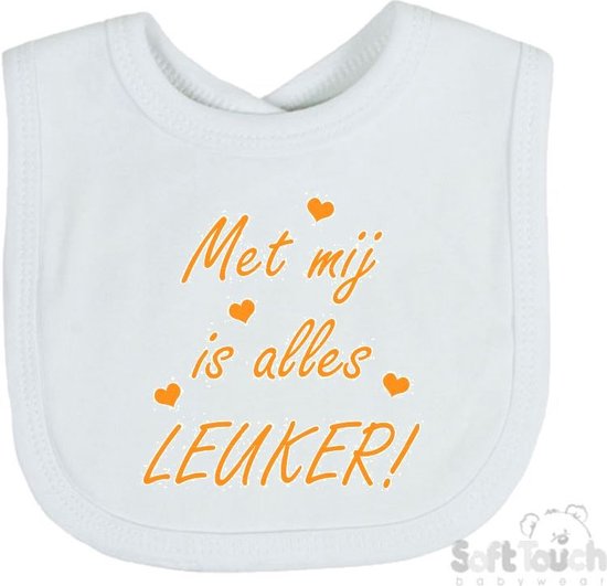 Soft Touch Slabber Slabbetje Slab "Met mij is alles leuker! Unisex Katoen Wit/mosterd Maat 33x22 Cm van Soft Touch