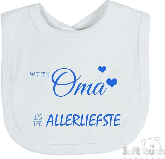Soft Touch Slabber Slabbetje Slab "Mijn oma is de allerliefste" Unisex Katoen Wit/blauw Maat 33x22 Cm van Soft Touch