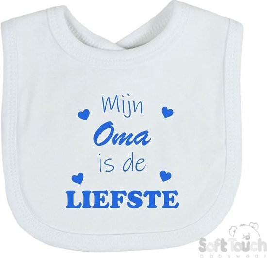 Soft Touch Slabber Slabbetje Slab "Mijn Oma is de liefste" Unisex Katoen Wit/blauw Maat 33x22 Cm van Soft Touch