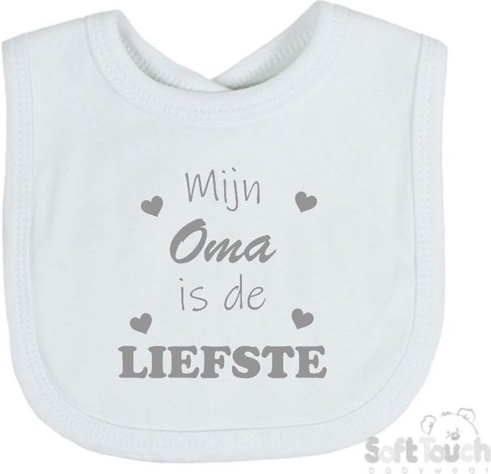 Soft Touch Slabber Slabbetje Slab "Mijn Oma is de liefste" Unisex Katoen Wit/grijs Maat 33x22 Cm van Soft Touch