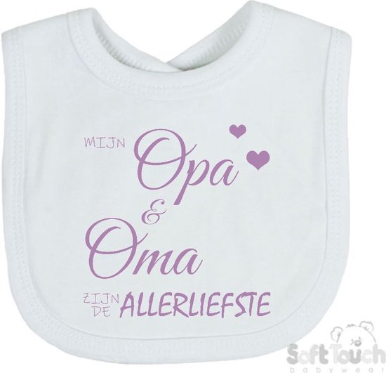 Soft Touch Slabber Slabbetje Slab "Mijn opa & oma zijn de allerliefste" Unisex Katoen Wit/lila Maat 33x22 Cm van Soft Touch