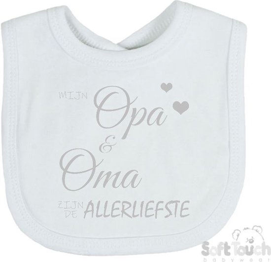 Soft Touch Slabber Slabbetje Slab "Mijn opa & oma zijn de allerliefste" Unisex Katoen Wit/zilver shiny Maat 33x22 Cm van Soft Touch