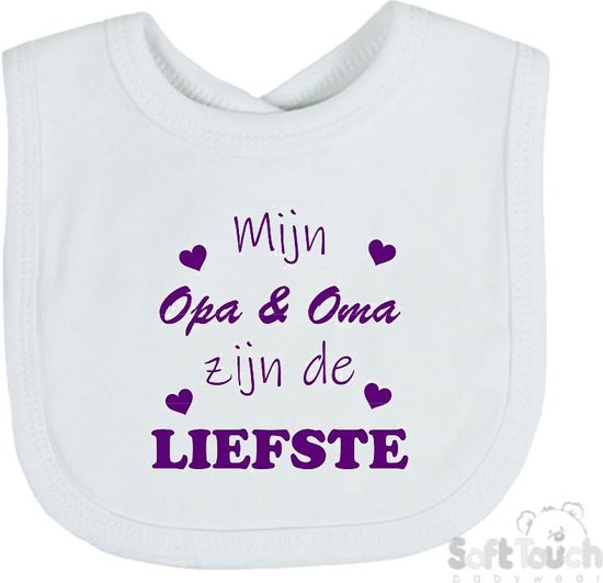 Soft Touch Slabber Slabbetje Slab "Mijn Opa & Oma zijn de liefste" Unisex Katoen Wit/paars Maat 33x22 Cm van Soft Touch