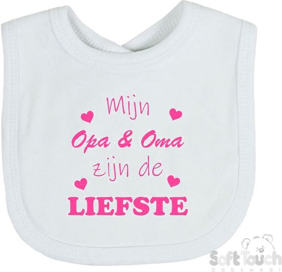 Soft Touch Slabber Slabbetje Slab "Mijn Opa & Oma zijn de liefste" Unisex Katoen Wit/roze Maat 33x22 Cm van Soft Touch