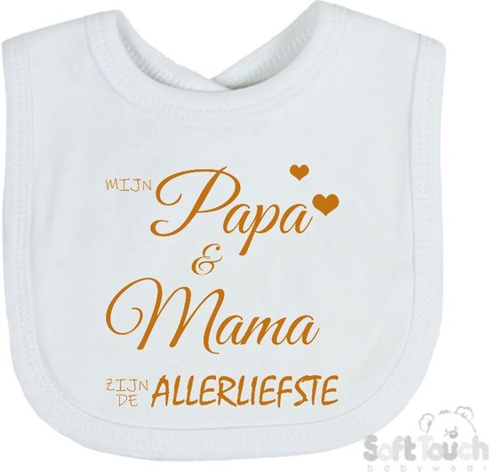 Soft Touch Slabber Slabbetje Slab "Mijn papa & mama zijn de allerliefste" Unisex Katoen Wit/tan Maat 33x22 Cm van Soft Touch