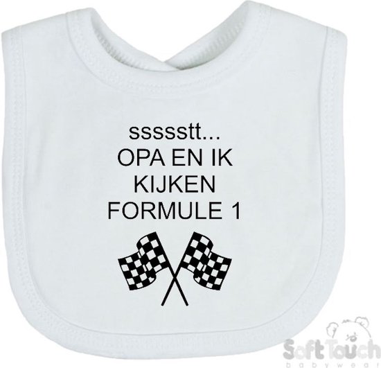 Soft Touch Slabber Slabbetje Slab "Opa en ik kijken Formule 1" Formule 1 33 x 22 Cm Katoen Wit/zwart van Soft Touch