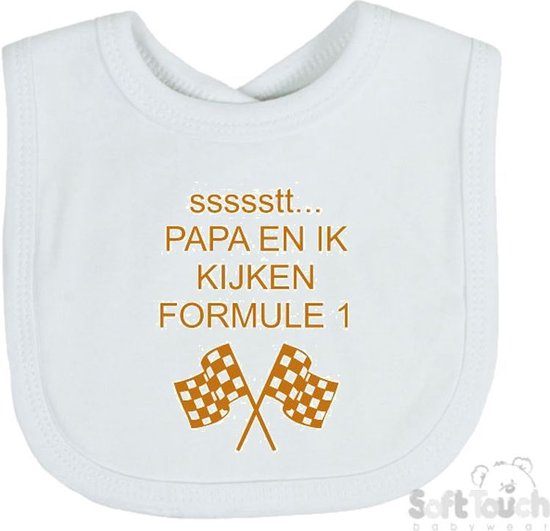 Soft Touch Slabber Slabbetje Slab "Papa en ik kijken Formule 1" Formule 1 33 x 22 Cm Katoen Wit/tan van Soft Touch