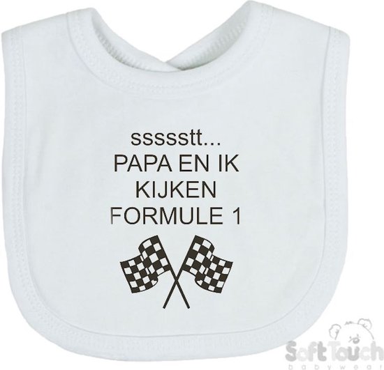 Soft Touch Slabber Slabbetje Slab "Papa en ik kijken Formule 1" Formule 1 33 x 22 Cm Katoen Wit/zwart van Soft Touch