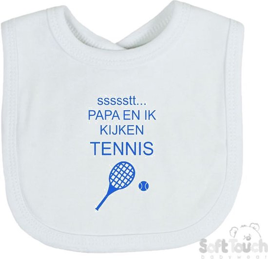 Soft Touch Slabber Slabbetje Slab "ssssstt... Papa en ik kijken tennis" Unisex Katoen Wit/blauw Maat 33x22 Cm van Soft Touch