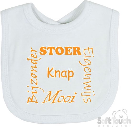 Soft Touch Slabber Slabbetje Slab "Stoer Eigenwijs Mooi Bijzonder Knap" Unisex Katoen Wit/mosterd Maat 33x22 Cm van Soft Touch
