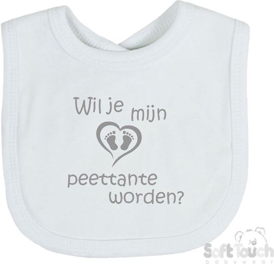 Soft Touch Slabber Slabbetje Slab "Wil je mijn peettante worden?" Unisex Katoen Wit/grijs Maat 33x22 Cm van Soft Touch