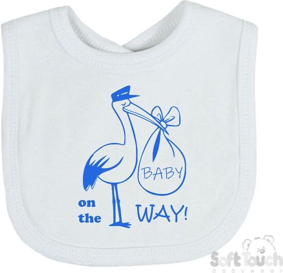 Soft Touch Slabber Slabbetje Slab Zwangerschap Aankondiging 2.0 "Baby on the way"! 2.0" Ooievaar Unisex Katoen Wit/blauw Maat 33x22 Cm van Soft Touch