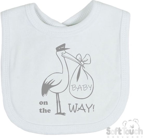Soft Touch Slabber Slabbetje Slab Zwangerschap Aankondiging 2.0 "Baby on the way"! 2.0" Ooievaar Unisex Katoen Wit/grijs Maat 33x22 Cm van Soft Touch