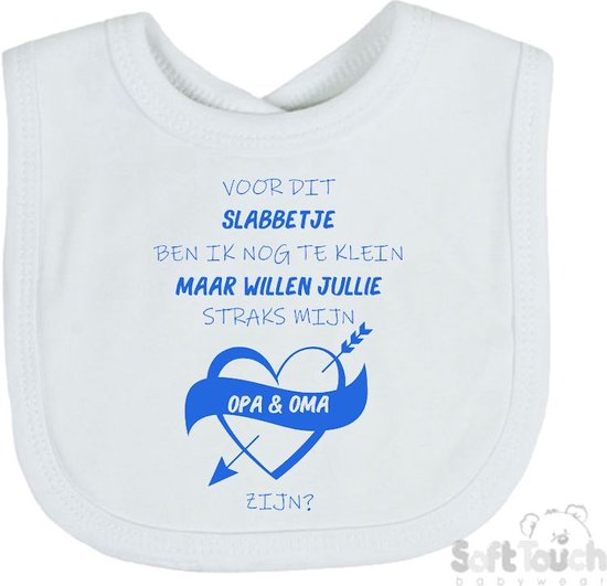 Soft Touch Slabber Slabbetje Slab Zwangerschap Aankondiging 2.0 "Voor dit slabbetje ben ik nog te klein maar willen jullie straks mijn opa & oma zijn?" Unisex Katoen Wit/blauw Maat 33x22 Cm van Soft Touch
