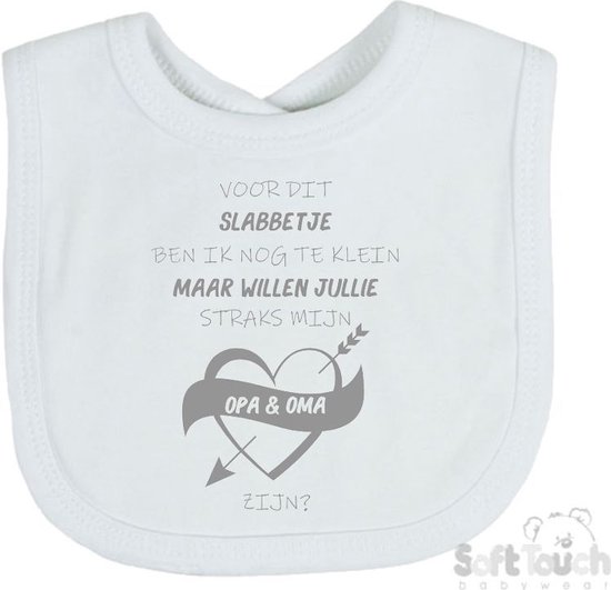 Soft Touch Slabber Slabbetje Slab Zwangerschap Aankondiging 2.0 "Voor dit slabbetje ben ik nog te klein maar willen jullie straks mijn opa & oma zijn?" Unisex Katoen Wit/grijs Maat 33x22 Cm van Soft Touch