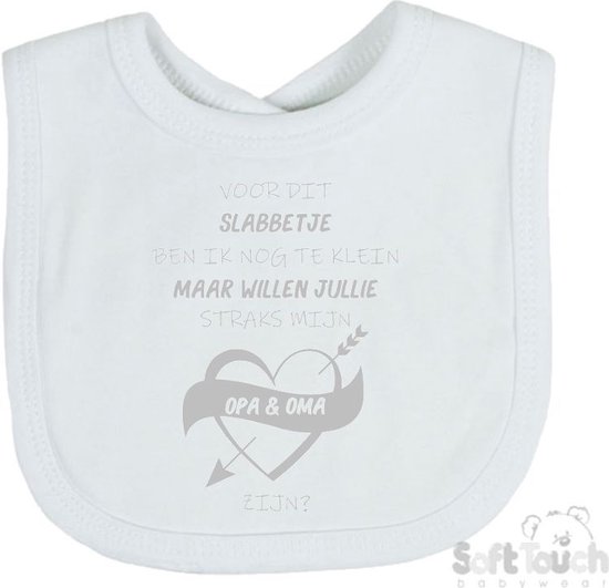 Soft Touch Slabber Slabbetje Slab Zwangerschap Aankondiging 2.0 "Voor dit slabbetje ben ik nog te klein maar willen jullie straks mijn opa & oma zijn?" Unisex Katoen Wit/zilver (shiny) Maat 33x22 Cm van Soft Touch