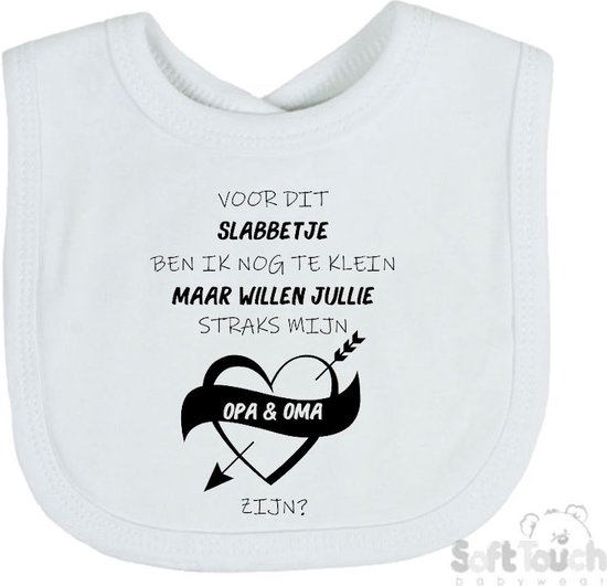 Soft Touch Slabber Slabbetje Slab Zwangerschap Aankondiging 2.0 "Voor dit slabbetje ben ik nog te klein maar willen jullie straks mijn opa & oma zijn" Unisex Katoen Wit/zwart Maat 33x22 Cm van Soft Touch