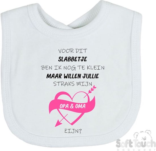 Soft Touch Slabber Slabbetje Slab Zwangerschap Aankondiging 2.0 "Voor dit slabbetje ben ik nog te klein maar willen jullie straks mijn opa & oma zijn?" Unisex Katoen Wit/zwart/roze Maat 33x22 Cm van Soft Touch
