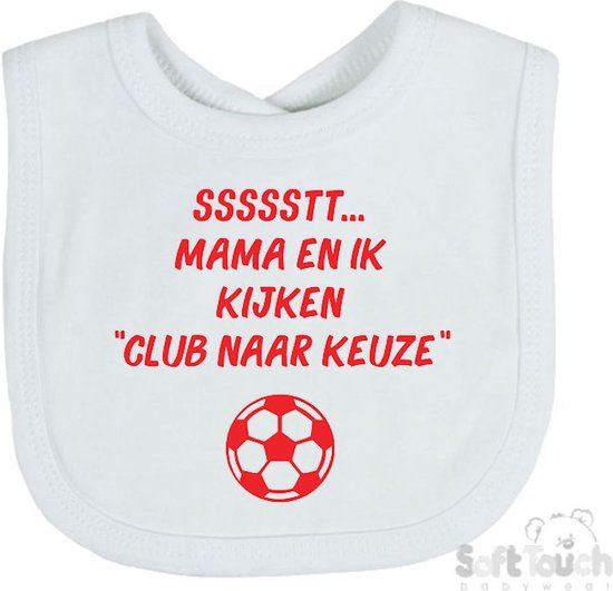 Soft Touch Slabbetje Slabber Slab Gepersonaliseerd Voetbal Club naar Keuze "ssssstt mama en ik kijken …." Unisex Katoen Wit/rood Afmeting 33 x 22 Cm van Soft Touch