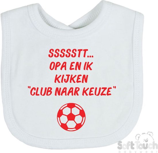 Soft Touch Slabbetje Slabber Slab Gepersonaliseerd Voetbal Club naar Keuze "ssssstt opa en ik kijken …." Unisex Katoen Wit/rood Afmeting 33 x 22 Cm van Soft Touch
