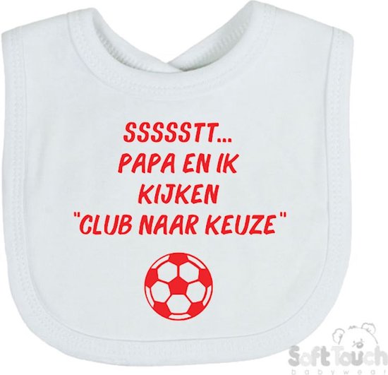 Soft Touch Slabbetje Slabber Slab Gepersonaliseerd Voetbal Club naar Keuze "ssssstt Papa en ik kijken …." Unisex Katoen Wit/rood Afmeting 33 x 22 Cm van Soft Touch