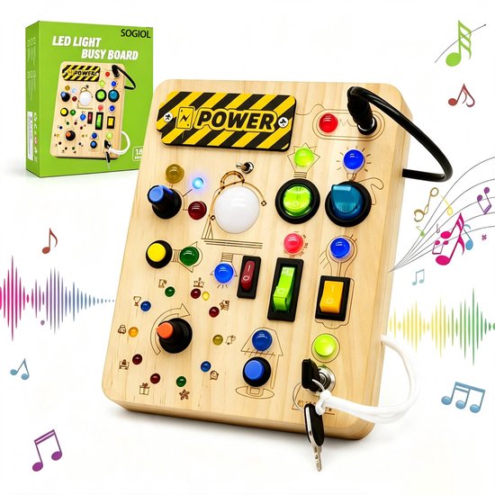 sogiol® - Montessori Houten Speelgoed - Activiteitenbord - Montessori Busy Board - Educatief speelgoed voor Peuters vanaf 3 jaar - Sensorisch Speelgoed met LED Verlichting & Schakelaars van TEKROA