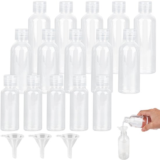 Solidchoice - 15 stuks reisflesjes-set, reisformaat containers met 50 ml, 80 ml, 100 ml, reiscontainers voor vloeistoffen met 3 trechters, kleine plastic flesjes om te vullen voor shampoo, conditioner, reizen