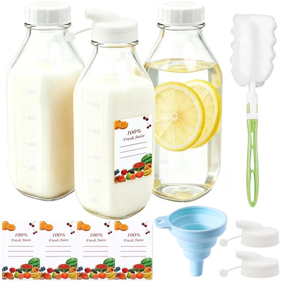 Solidchoice - 3 Glazen Flessen met Deksel - 1 Liter Vierkante Melkfles voor Smoothies en Sap