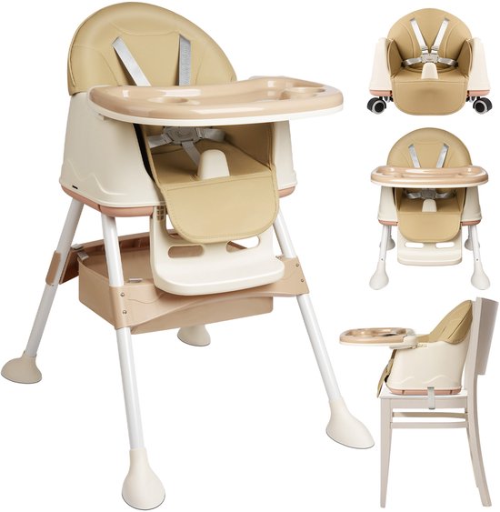 Soontrans - Compact Kinderstoel - Eetstoel Afneembare Wielen - 5-punts Gordel - Peuterstoel Uitneembaar Kussen - Meegroeistoel Aan Tafel met Opbergmand - Babystoel met Afneembare Eetblad - Beige