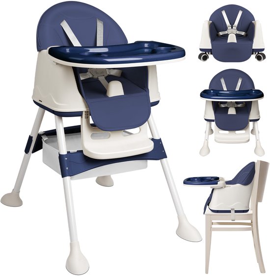 Soontrans - Compact Kinderstoel - Eetstoel Afneembare Wielen - 5-punts Gordel - Peuterstoel Uitneembaar Kussen - Meegroeistoel Aan Tafel met Opbergmand - Babystoel met Afneembare Eetblad - Blauw