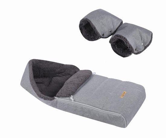 SOOSIE Winter Kinderwagen Voetenzak + Handmof – Grijs Melange & Donkergrijs Teddy – Universeel – Waterproof – 110 cm van Merkloos