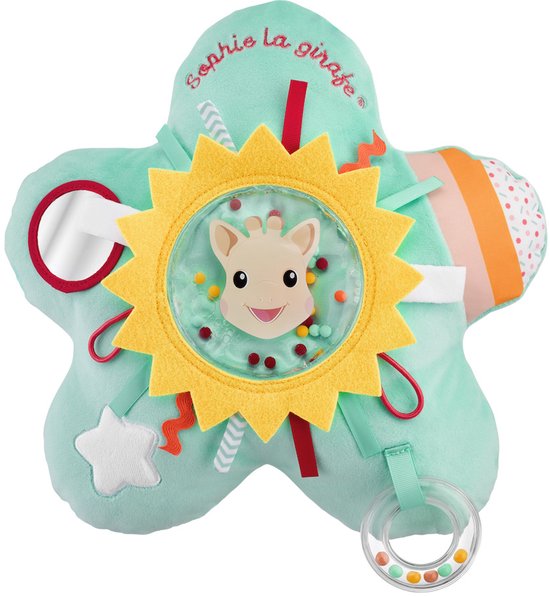 Sophie de giraf Activiteitenkussen Zon – Zintuiglijk Baby Speelkussen met Spiegel, Rammelring, Textuurlintjes & Zachte Elementen – Perfect voor Tummy Time en Onderweg – Lichtgewicht – Vanaf 0 Maanden (30x15x33 cm) van Merkloos