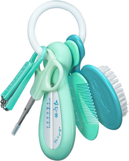 Sophie de giraf Baby Verzorgingsset - 5-in-1 - Badthermometer, Schaartje, Nagelknipper, Kam & Haarborstel - Aan handige sleutelring - Vanaf 0 maanden - Blauw/Turquoise van Sophie de giraf